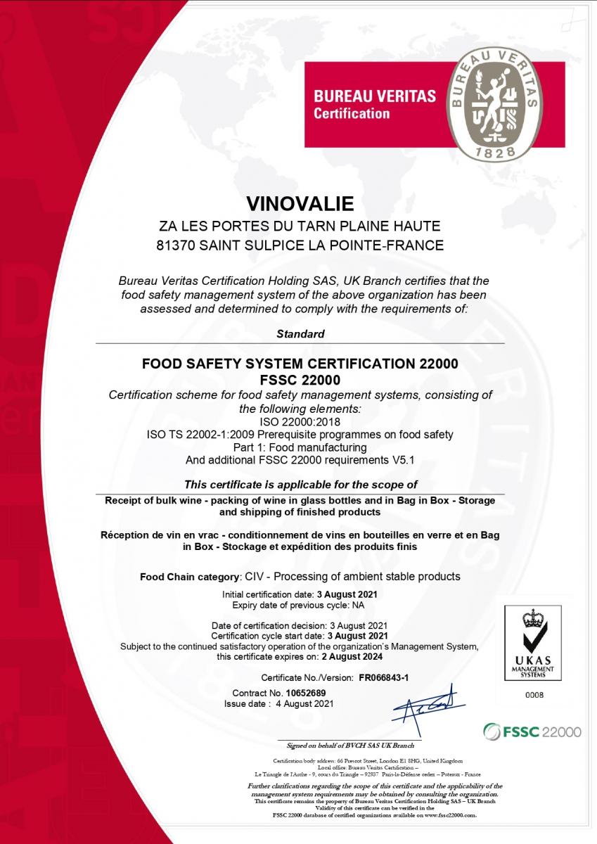 Vinovalie certifié FSSC 22000